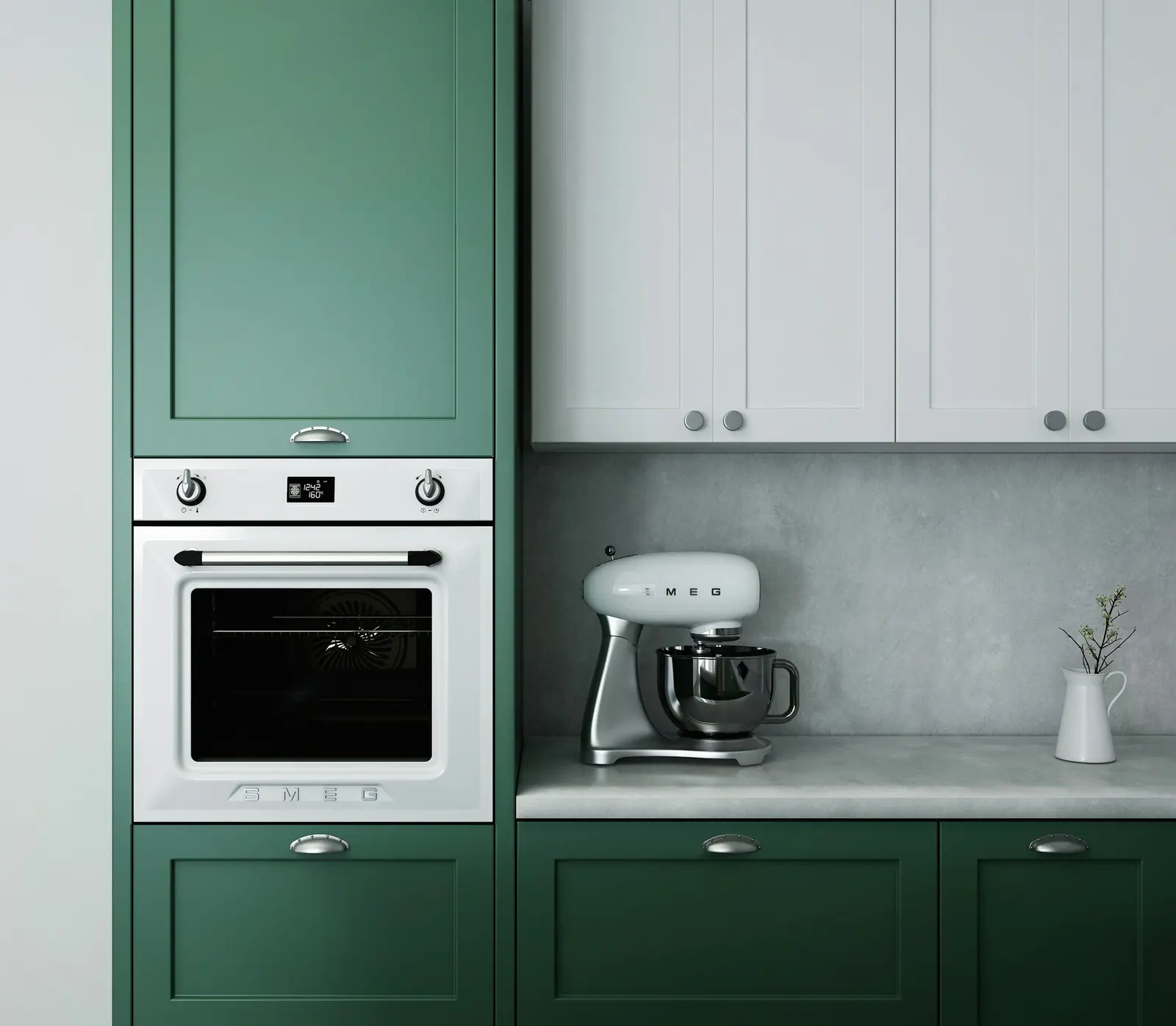 Modern kitchen with green and white cabinetry on a marble countertop